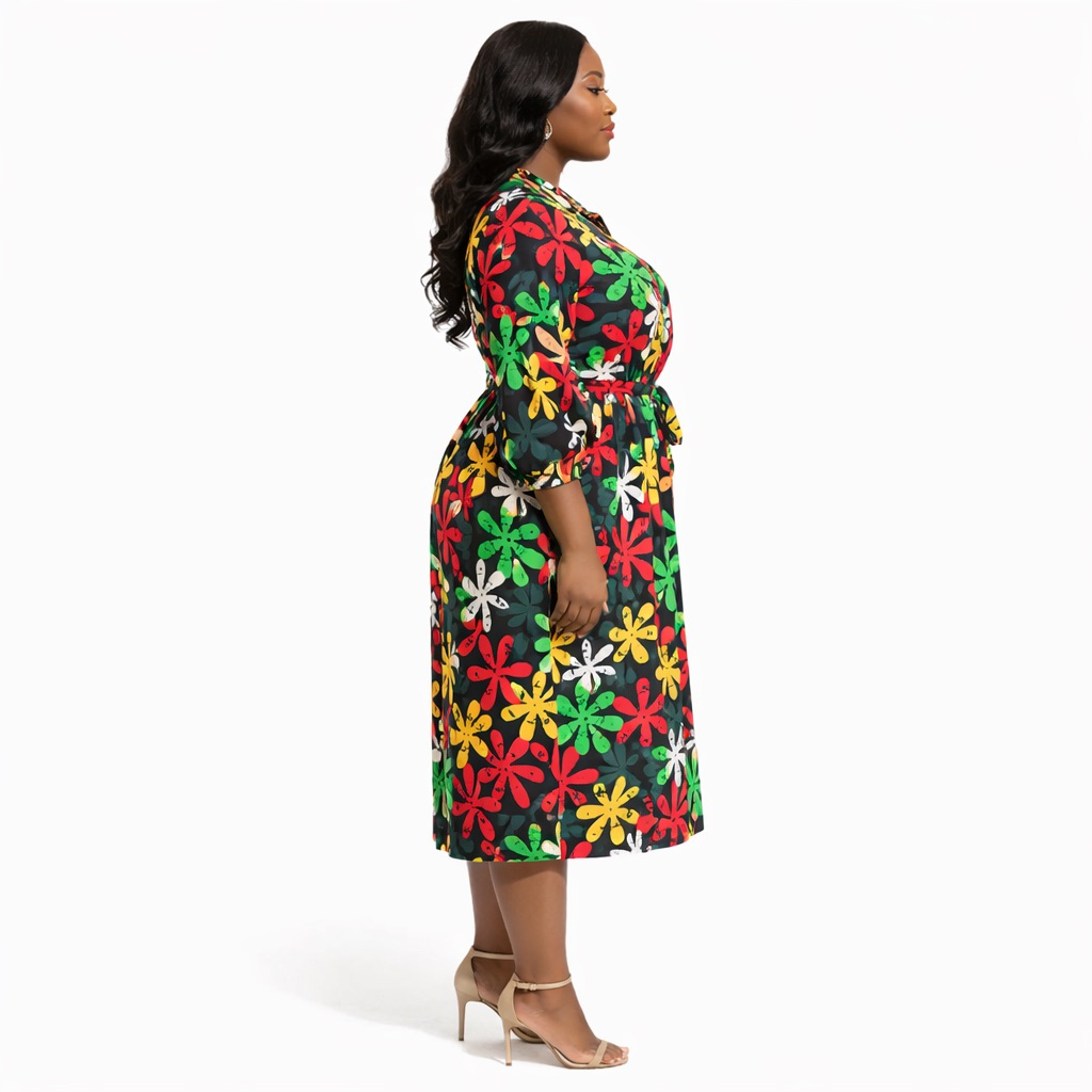 Womens Multicolor Floral Print Midi Shirt Dress with Waist Tie