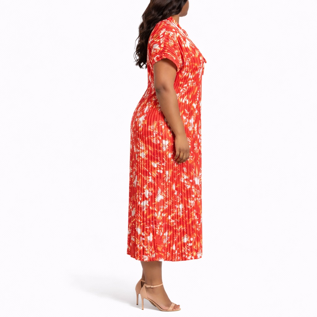 Womens Red Tie Dye Pleated Kaftan Maxi Dress