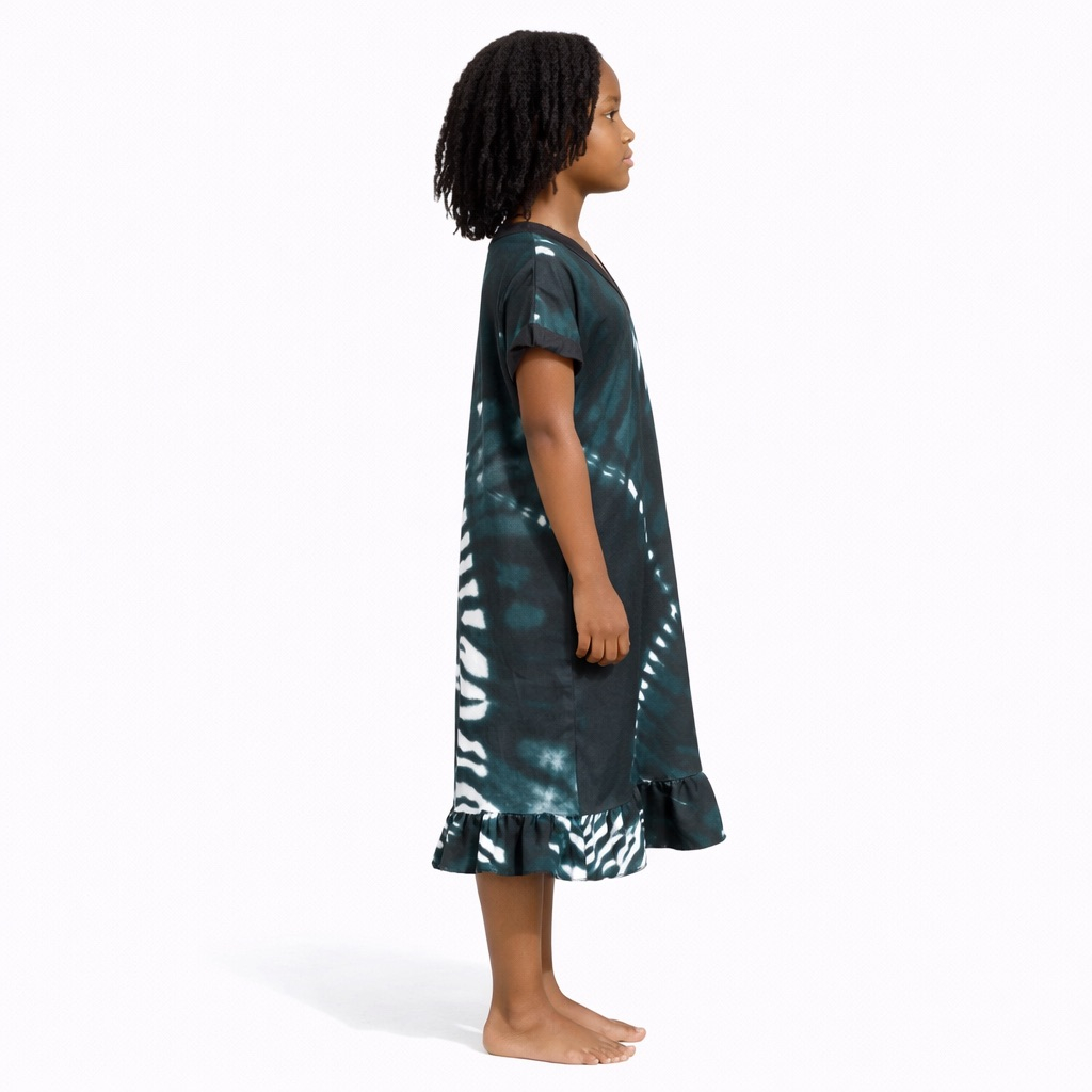 Girls Dark Green Tie Dye Kaftan Midi Dress with V Neck Detail