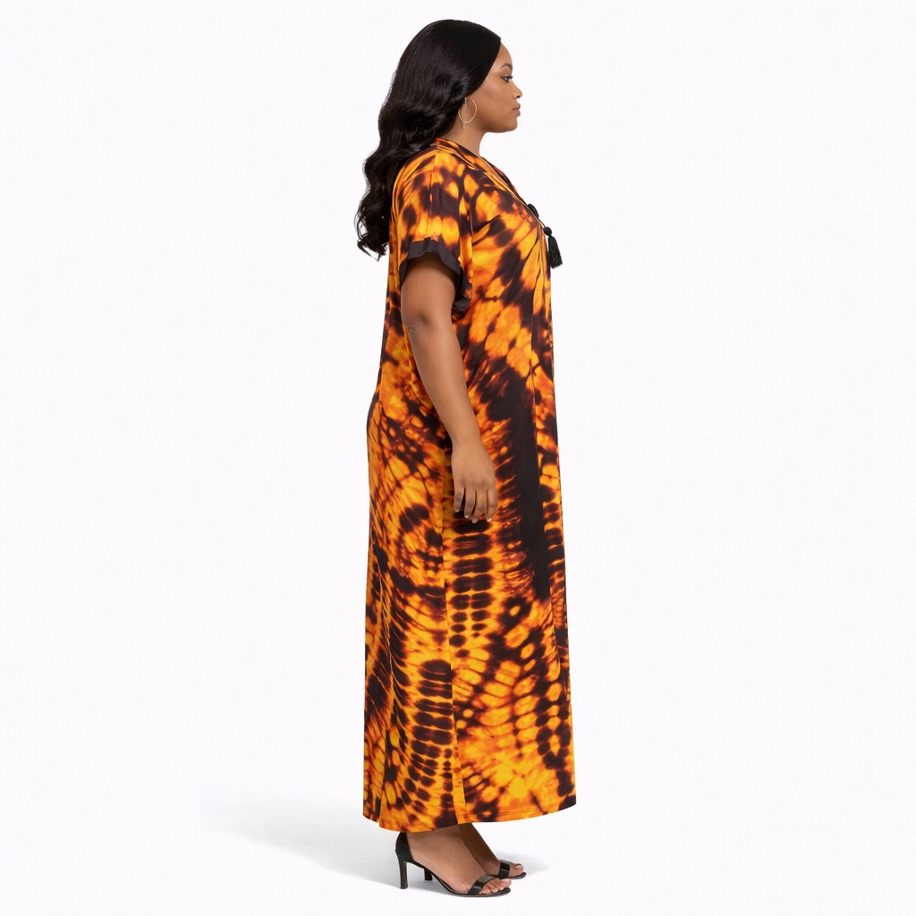 Womens Orange Tie Dye Kaftan Maxi Dress with Tassel Detail