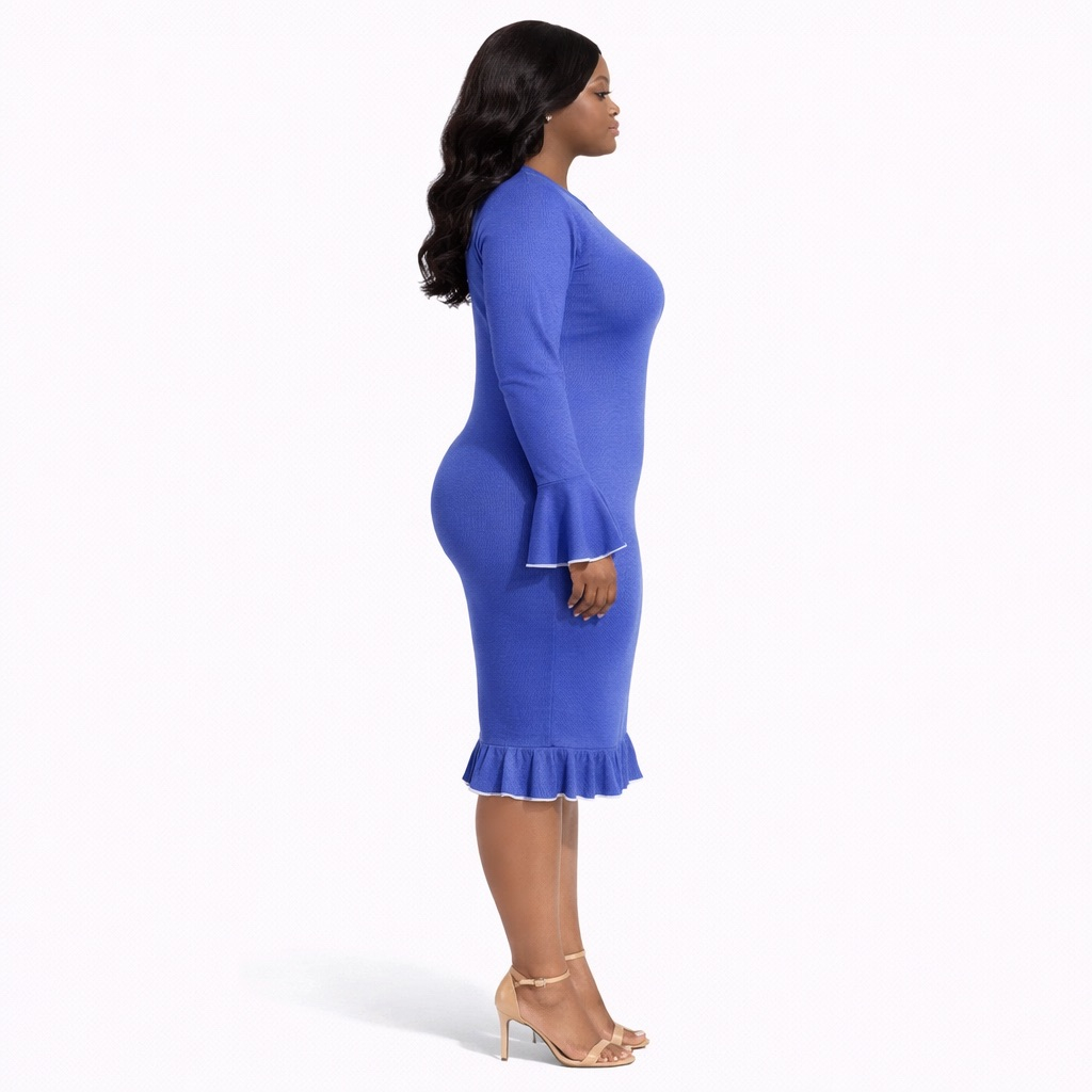 Womens Blue Ribbed Bodycon Midi Dress with Ruffle Hem and Sleeve Detail