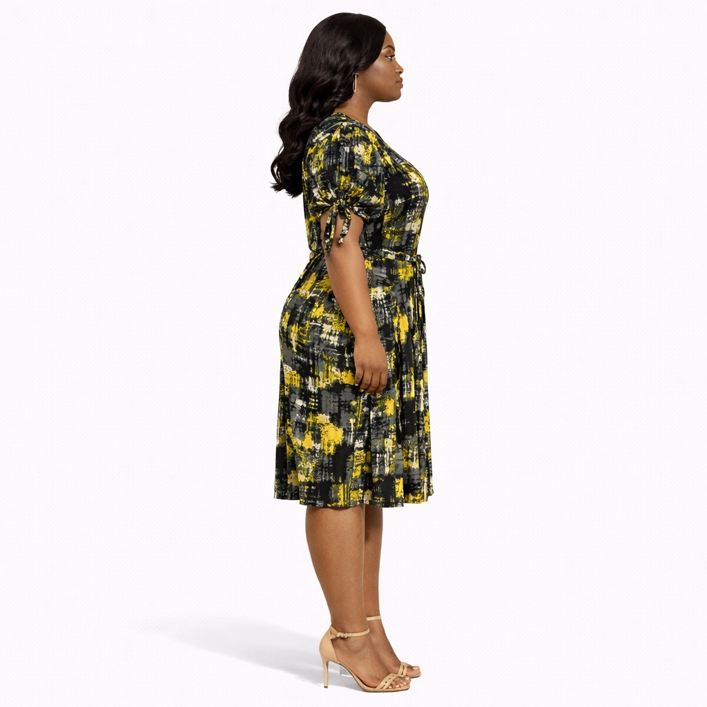 Womens Abstract Print Fit  and  Flare Mini Dress with Waist Tie