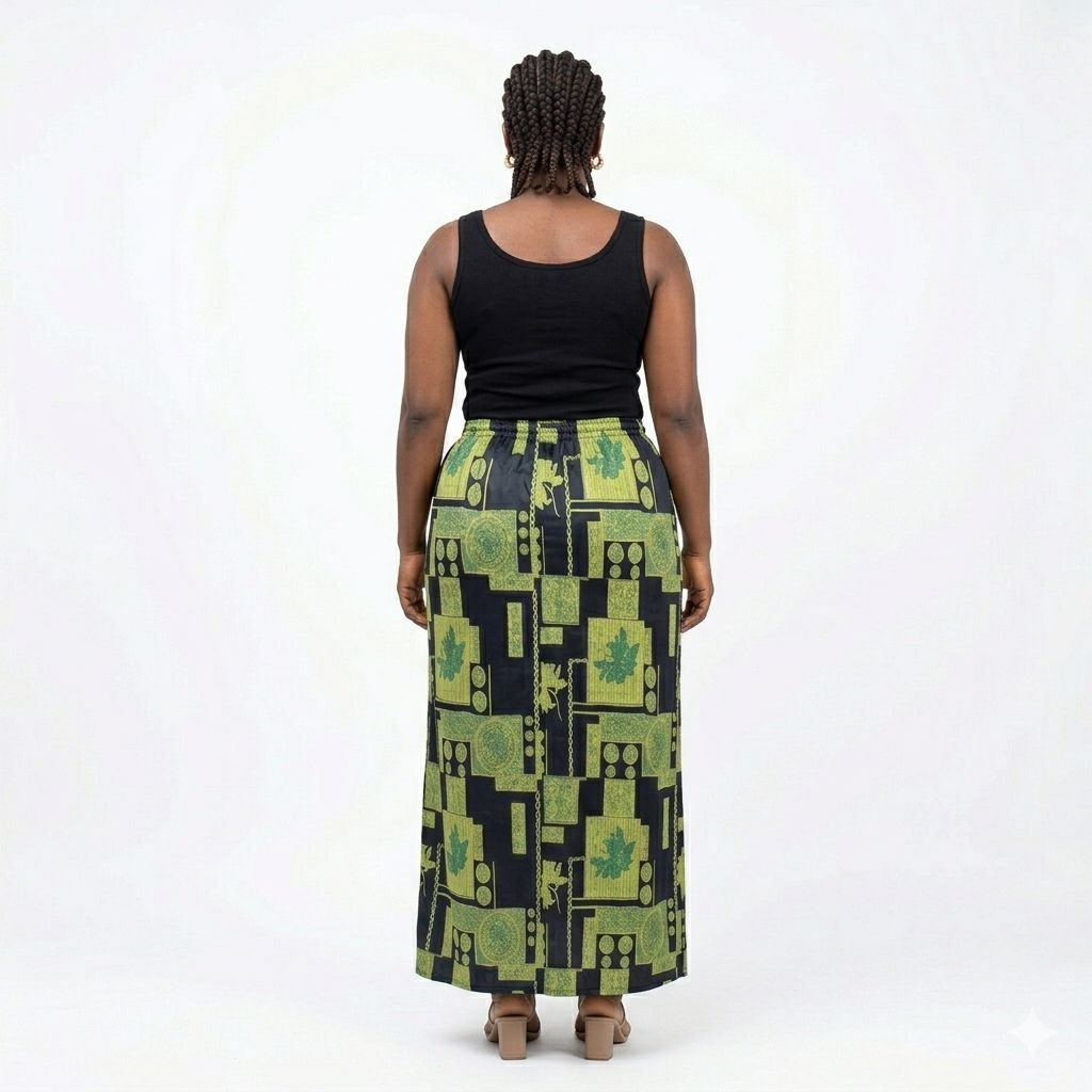 Green and Black Patterned Elastic Waist Midi Skirt