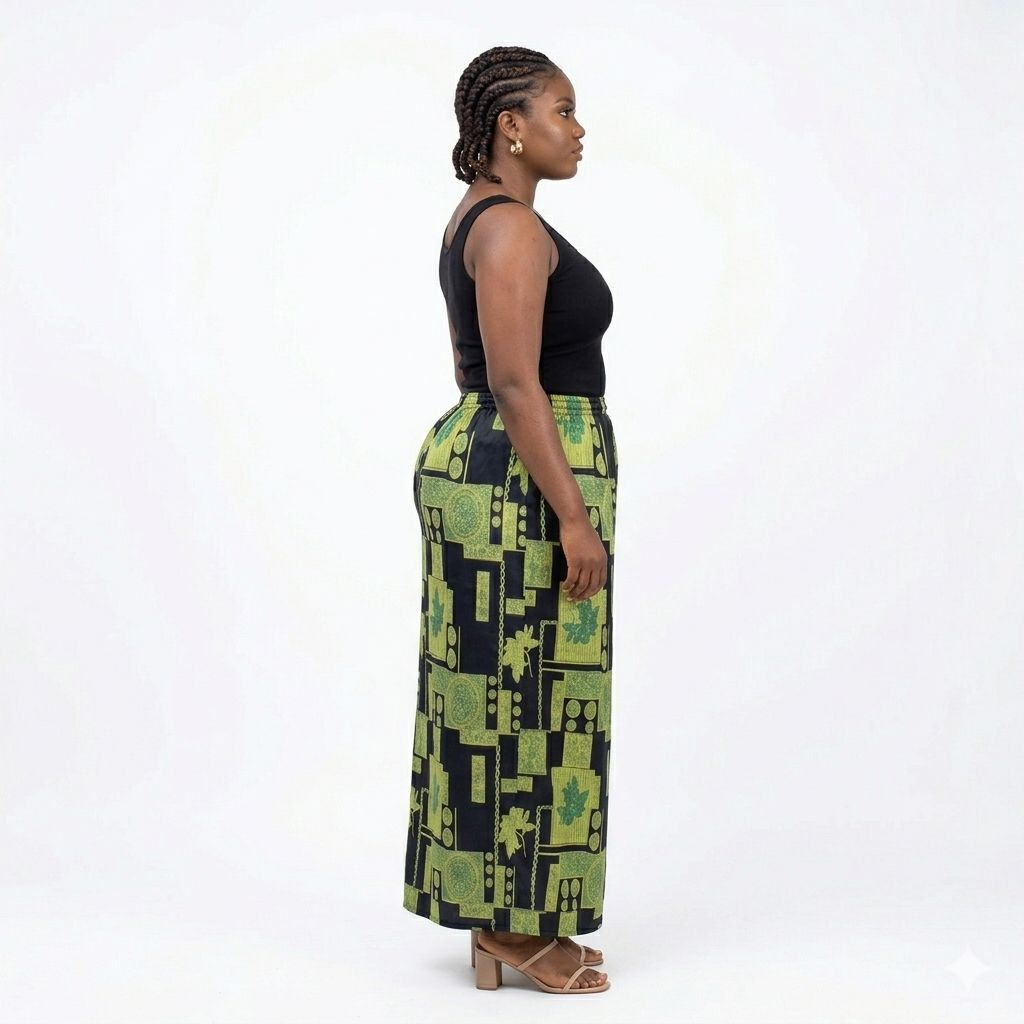 Green and Black Patterned Elastic Waist Midi Skirt