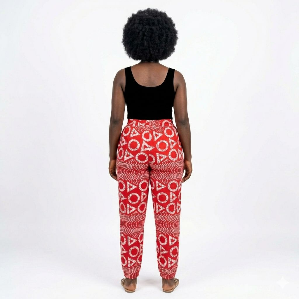 Red and White Patterned Elastic Waist Trousers