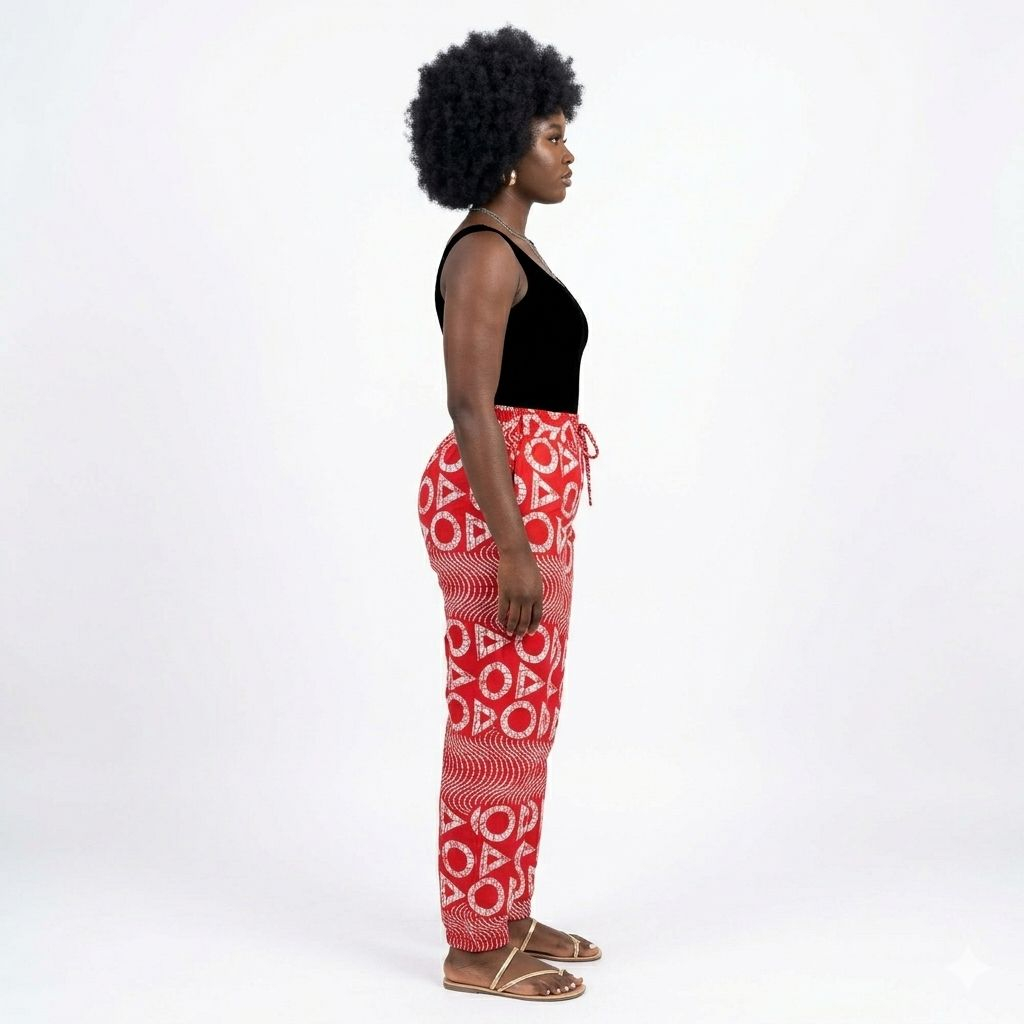 Red and White Patterned Elastic Waist Trousers