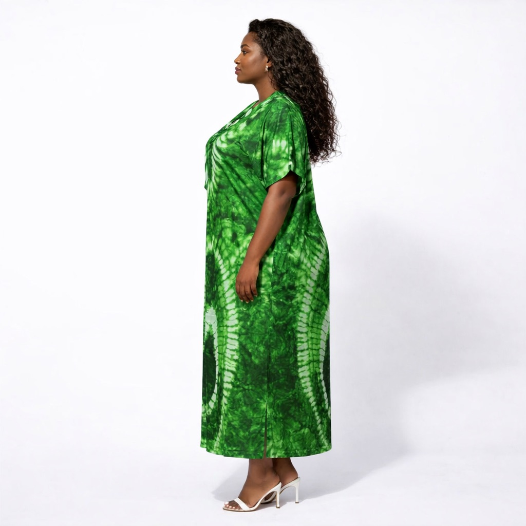 Womens Green Tie Dye Kaftan Maxi  Dress with Tassel Detail