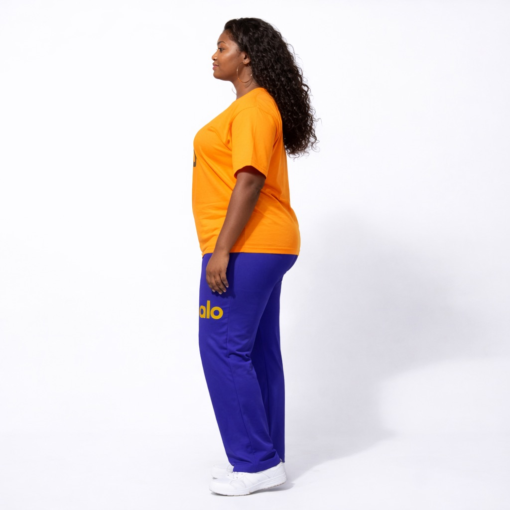 Womens Orange Graphic TShirt and Blue Pants Two Piece Casual Set