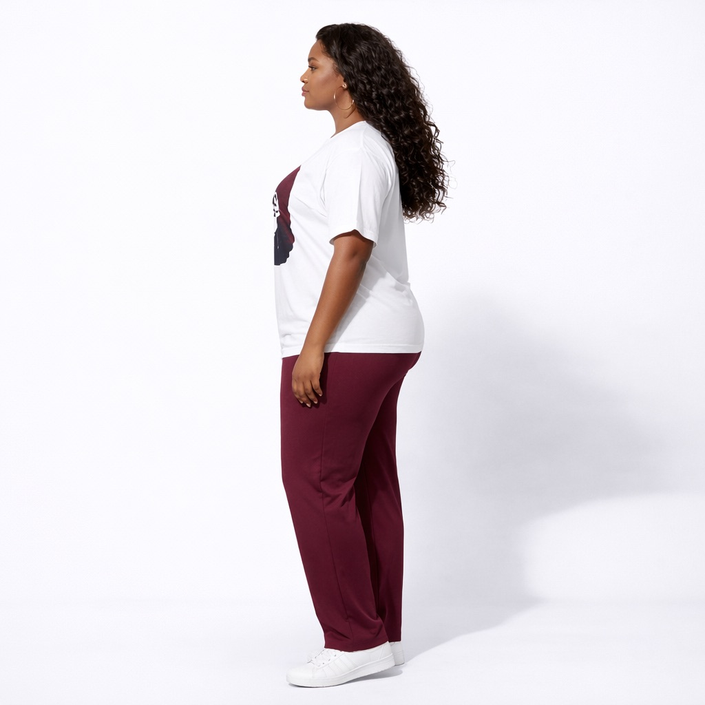 Womens White Graphic T Shirt and Burgundy Pants Two Piece Casual Set