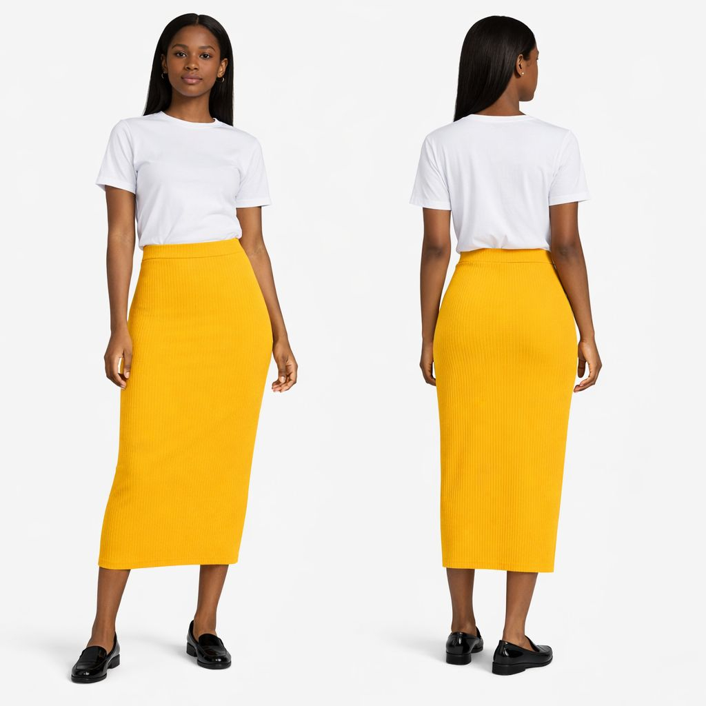 Women Mustard Ribbed Midi Skirt