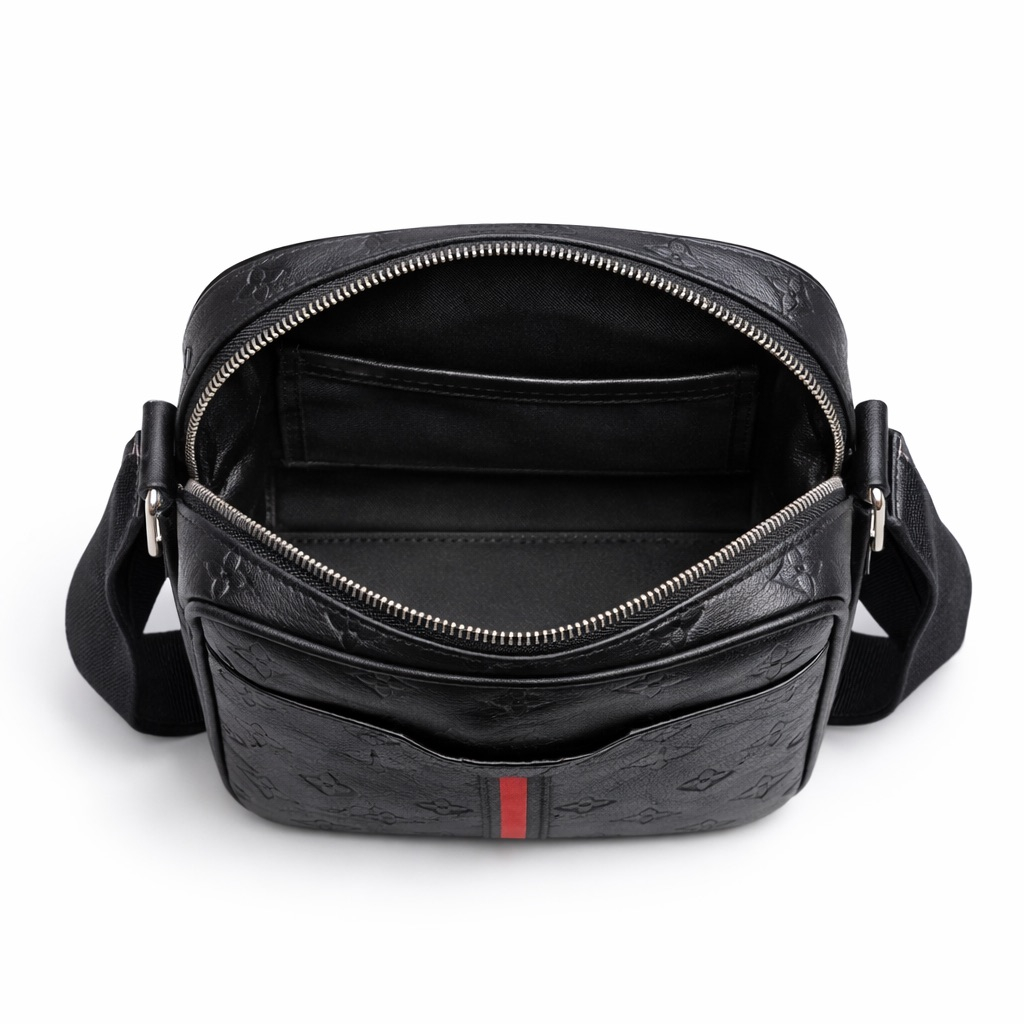 Black Monogram Mini  Bag with Stripe Detail and  Adjustable Strap
