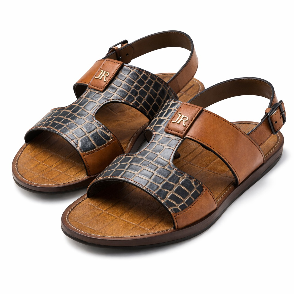 Mens Brown Leather Sandal with CrocTextured Strap and Adjustable Ankle Buckle