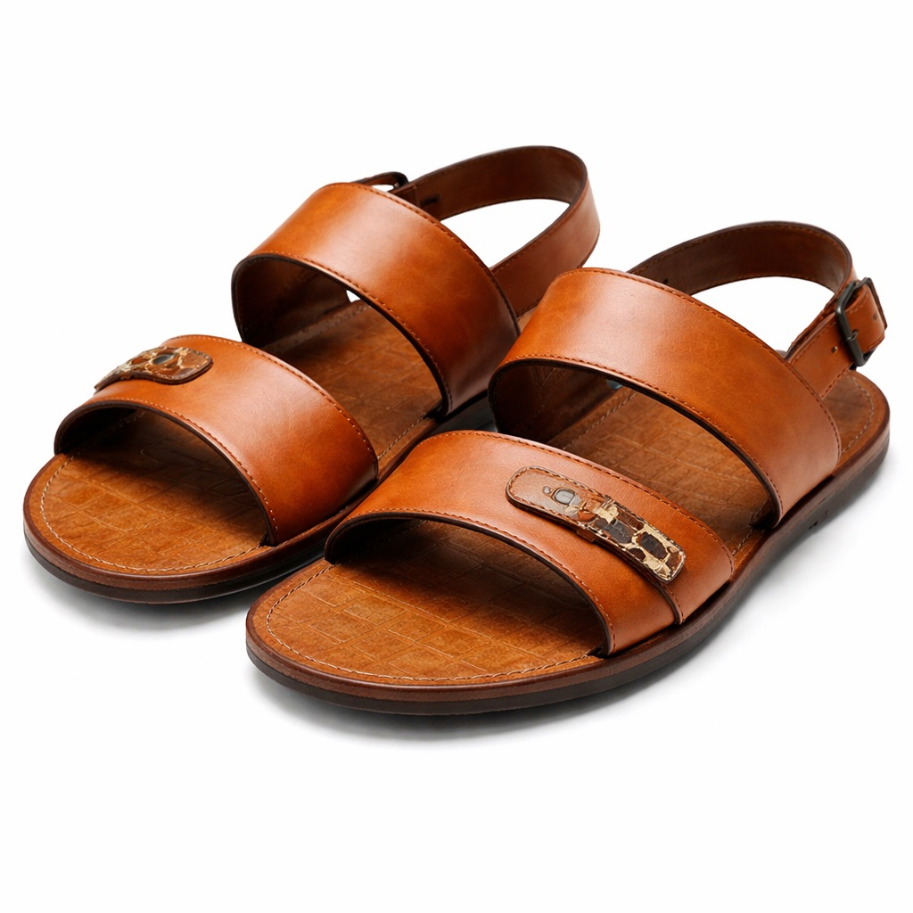 Mens Brown  Leather Sandal with Dual Strap and Croc Detail Accent