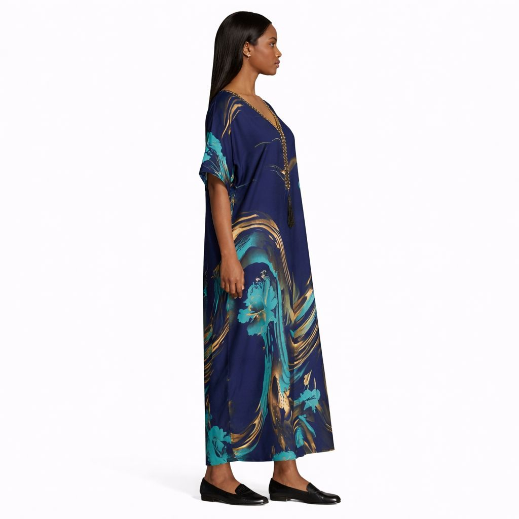 Womens Navy Blue Floral Kaftan Dress