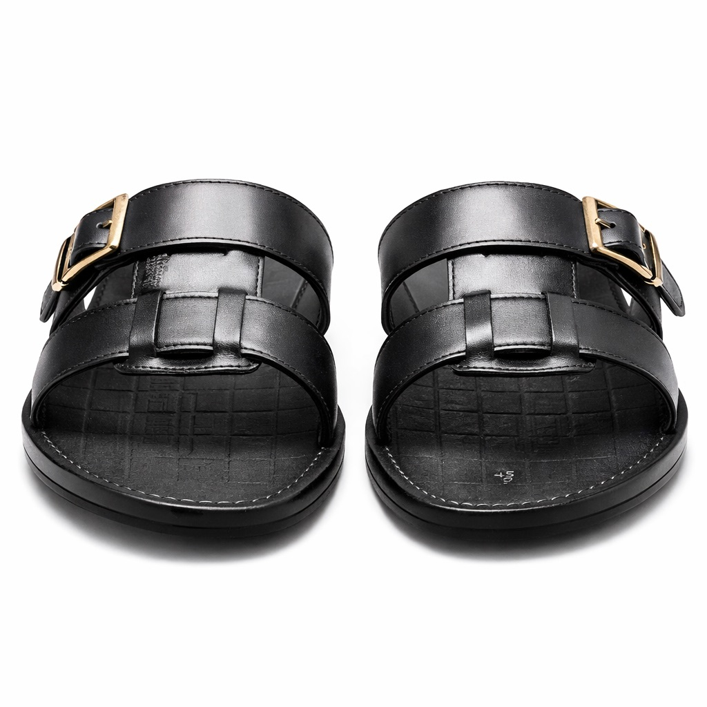 Mens Black Leather  Sandal with Multi Strap Design and Adjustable Buckle