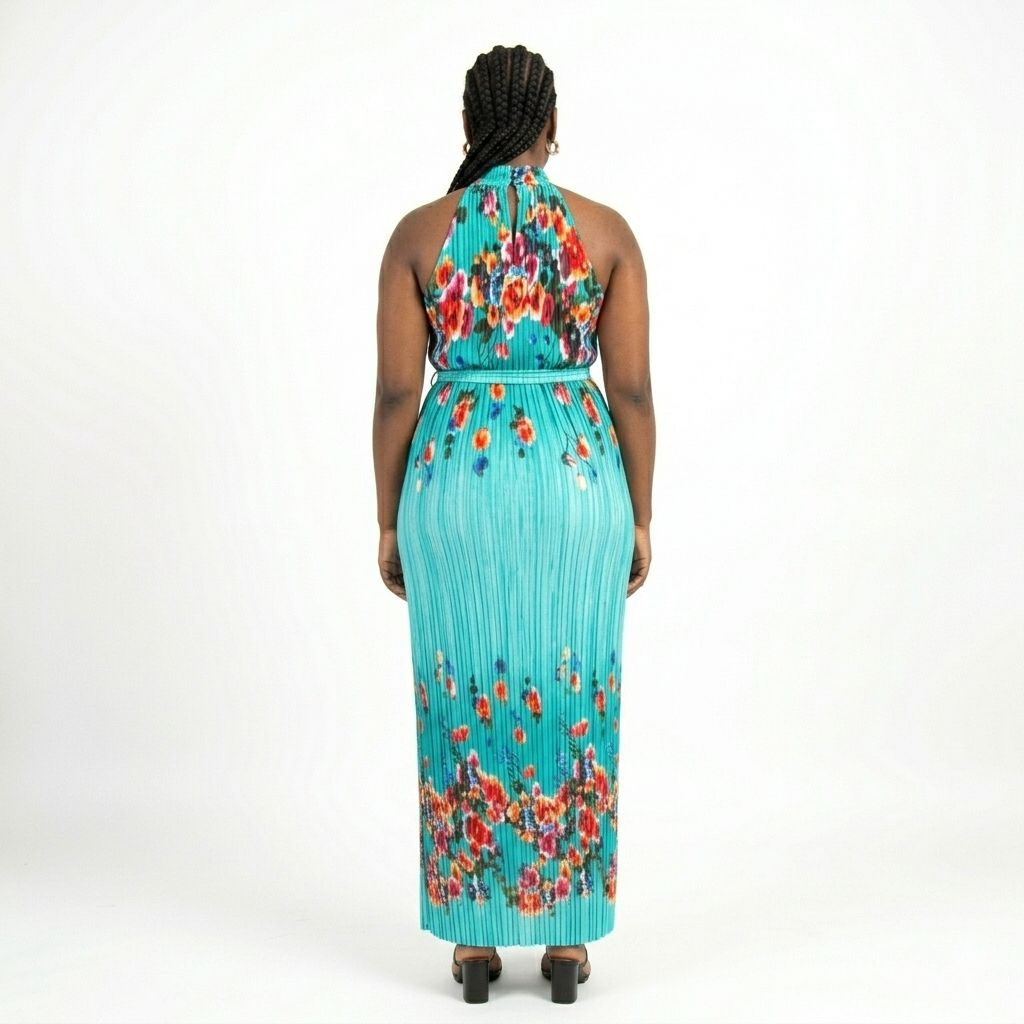 Elegant Womens Pleated Halter Neck Floral Midi Dress with Waist Tie