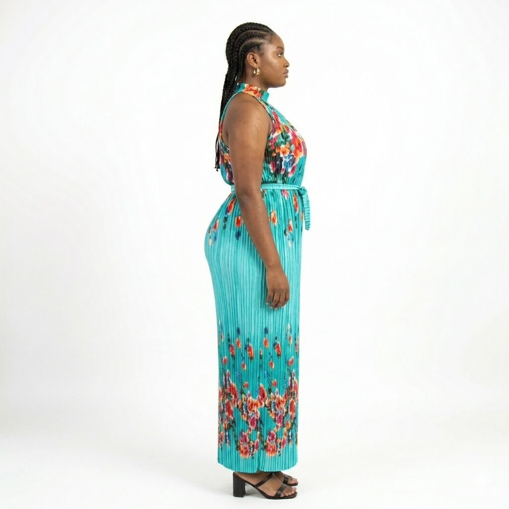 Elegant Womens Pleated Halter Neck Floral Midi Dress with Waist Tie