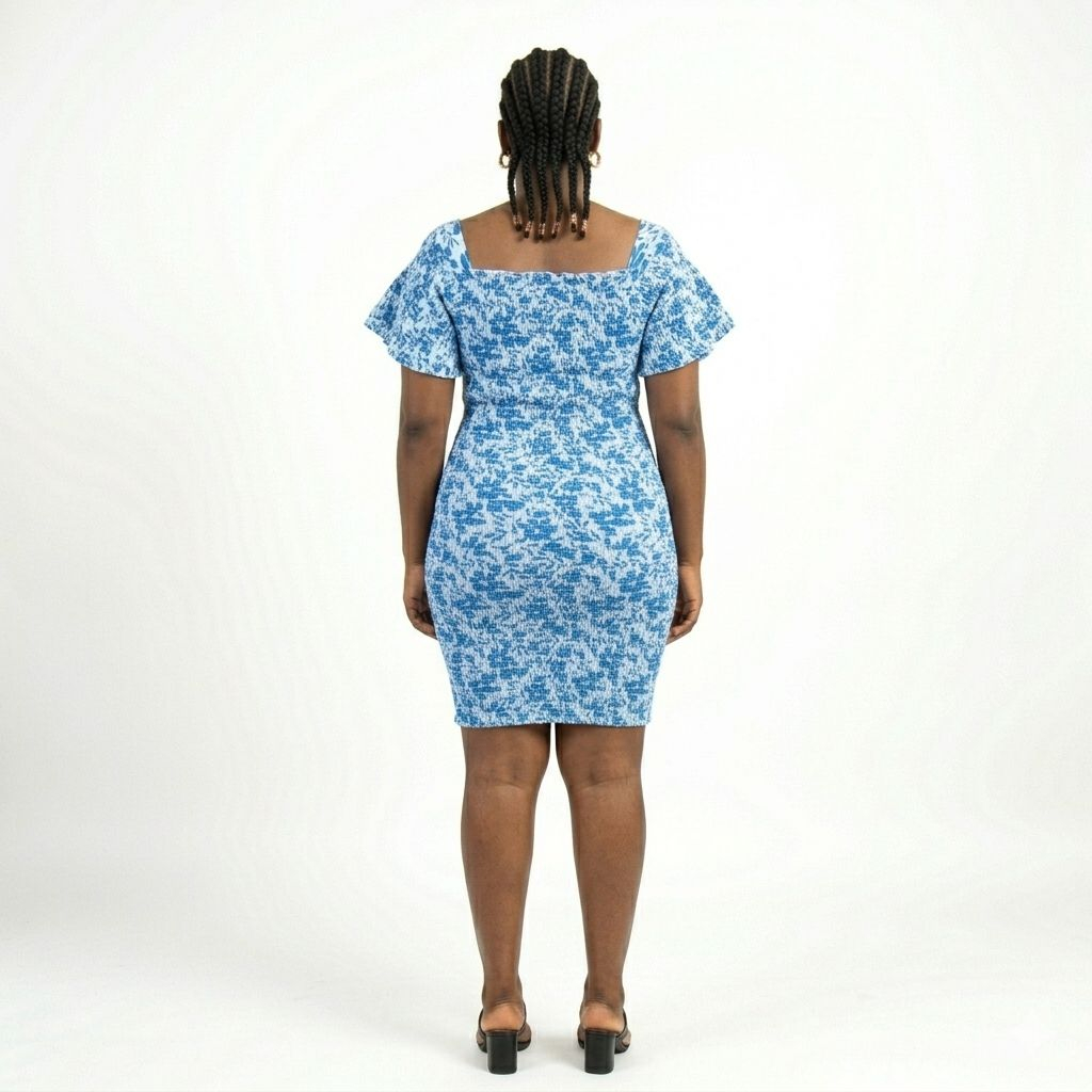 Blue Smocked Bodycon Mini Dress with Puff Sleeves