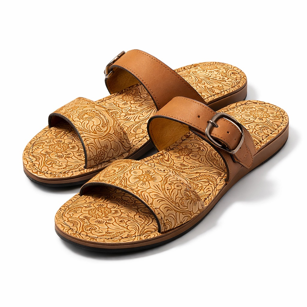 Mens Brown Leather Sandal with  Full Embossed Floral Design and Adjustable Strap