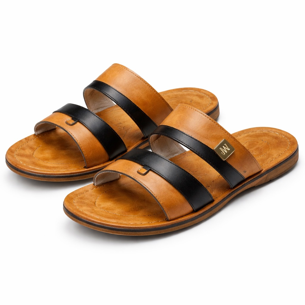 Mens  Brown and Black Leather Sandal with Dual Strap and Toe Loop
