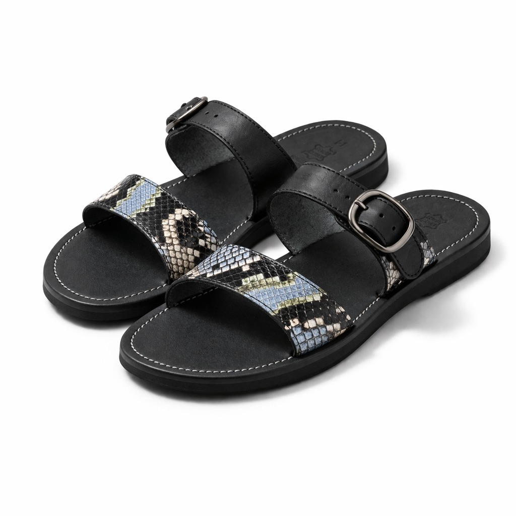 Mens Black Leather Sandal with Snakeskin  Pattern Strap and Buckle Closure