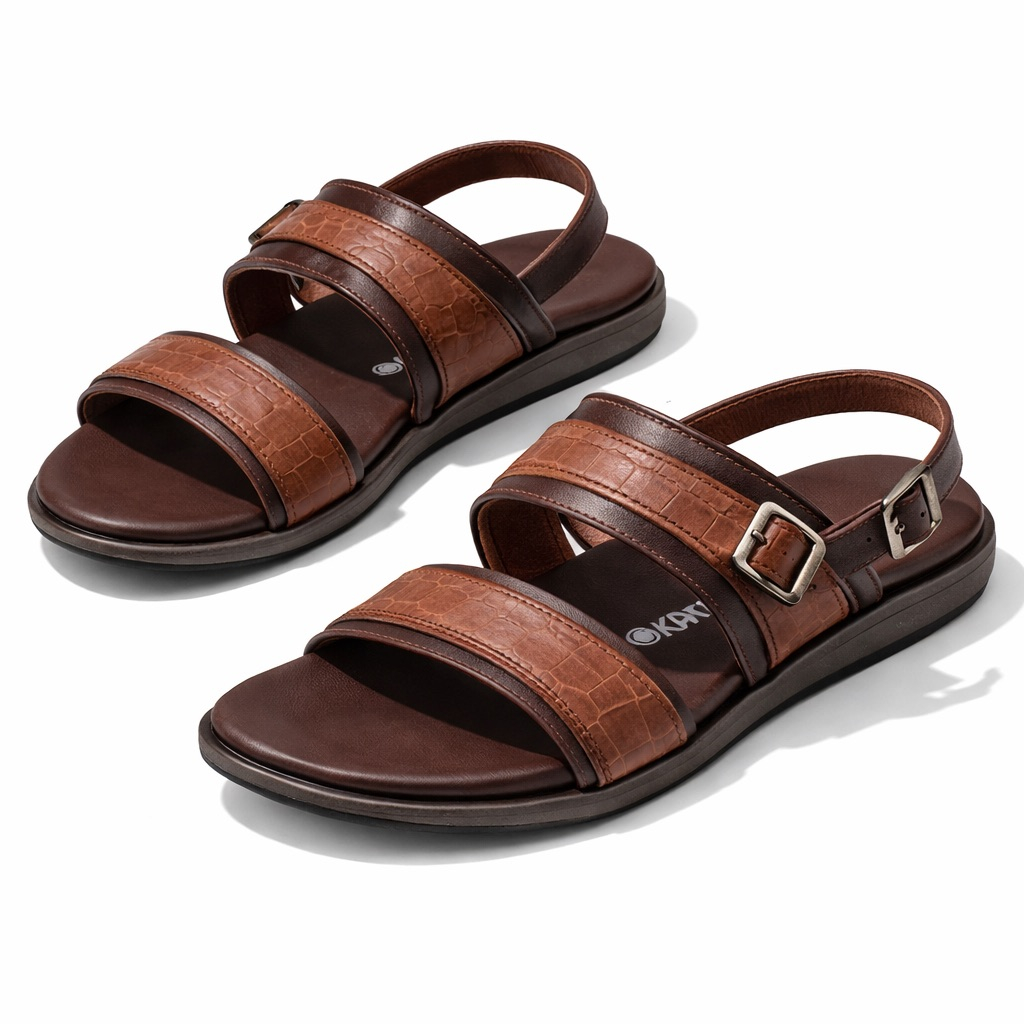 Mens Brown  Leather Sandal with Dual CrocTextured Straps and Adjustable Ankle Buckle