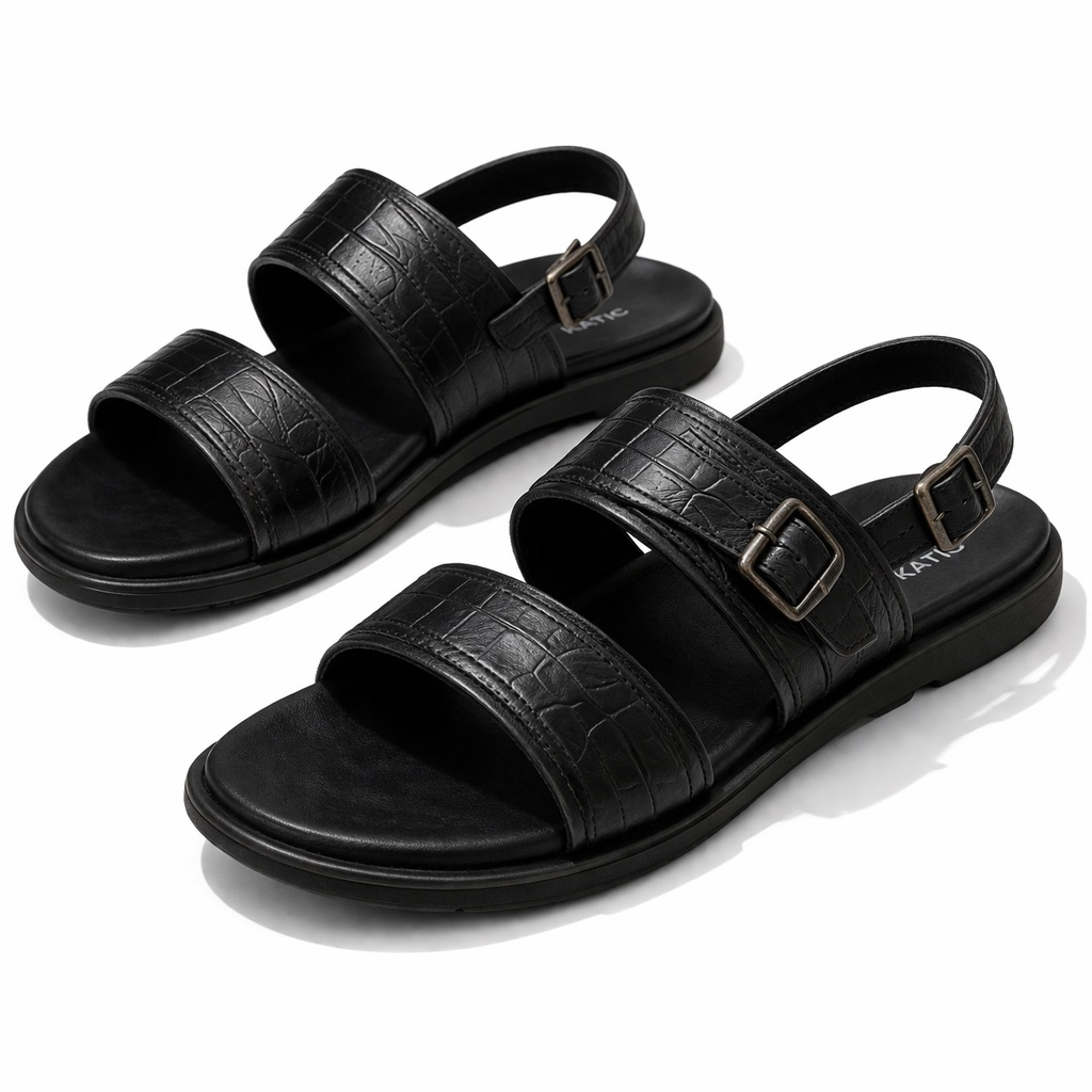 Mens Black Leather Sandal with  Dual Croc Textured Straps and Buckle Closure