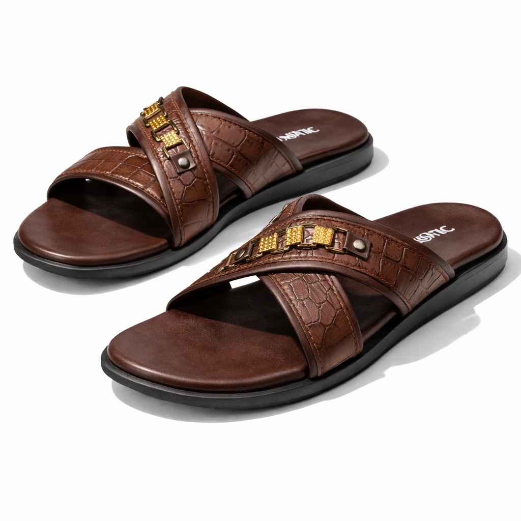 Mens Brown Croc Textured Slide Sandal with  Gold Detail and Cross Strap