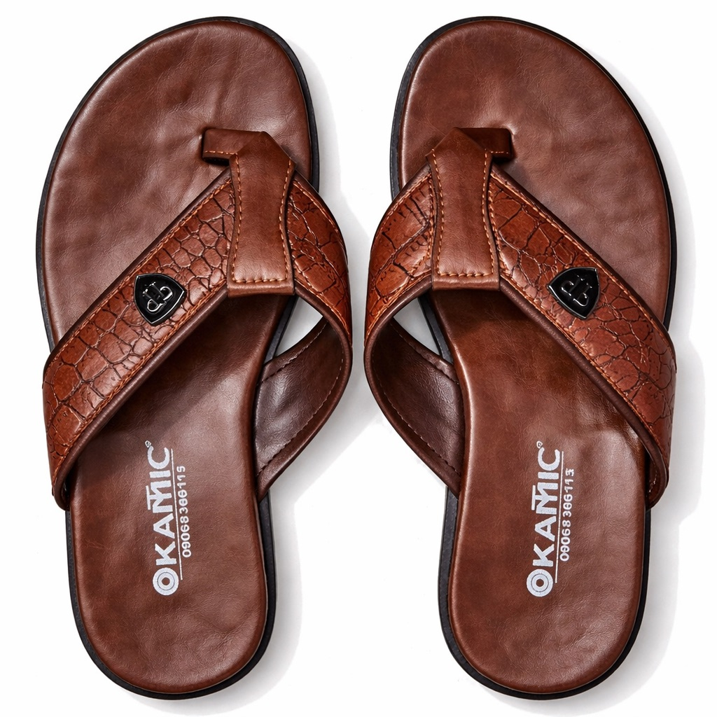 Mens Brown Croc textured  Leather Toe Post Sandal