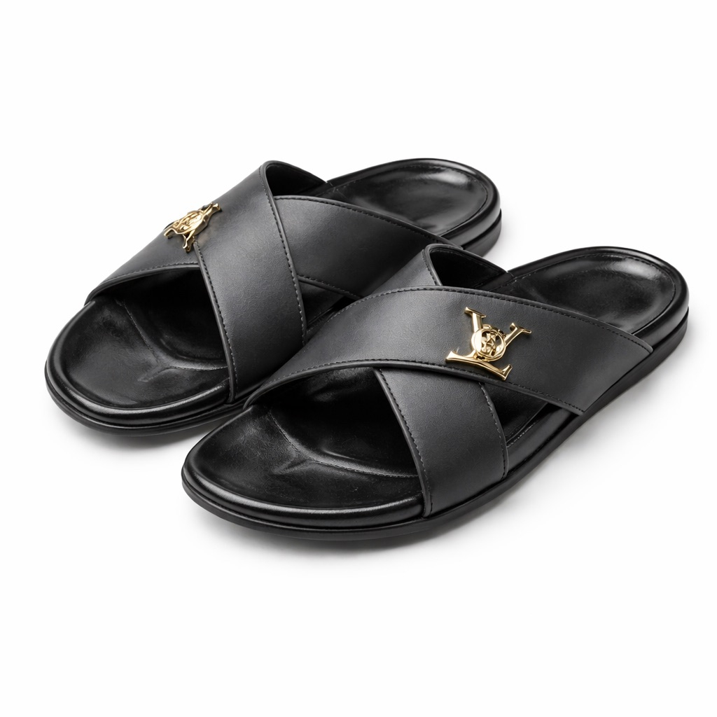 Mens Black Cross Strap Slide Sandal  with Gold Logo Detail