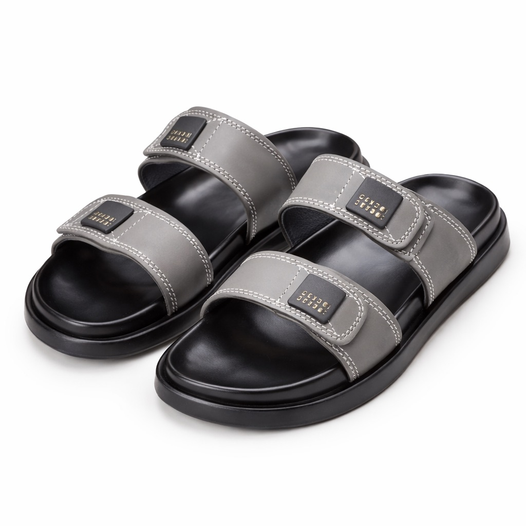 Mens  Grey Dual Strap Slide Sandal with Contrast Stitch Detail