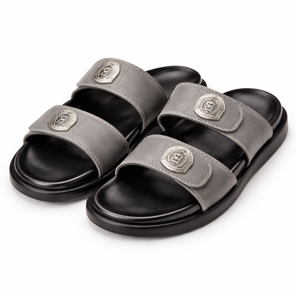 Mens Grey Dual Strap Slide Sandal  with Metal  Crest Detail