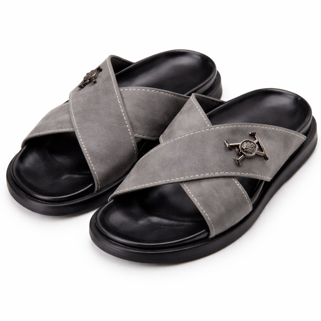 Mens Grey CrossStrap Slide  Sandal with Metal Emblem Detail