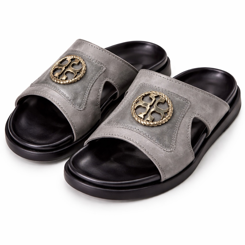 Mens Grey WideStrap Slide  Sandal with Embossed Medallion  Detail