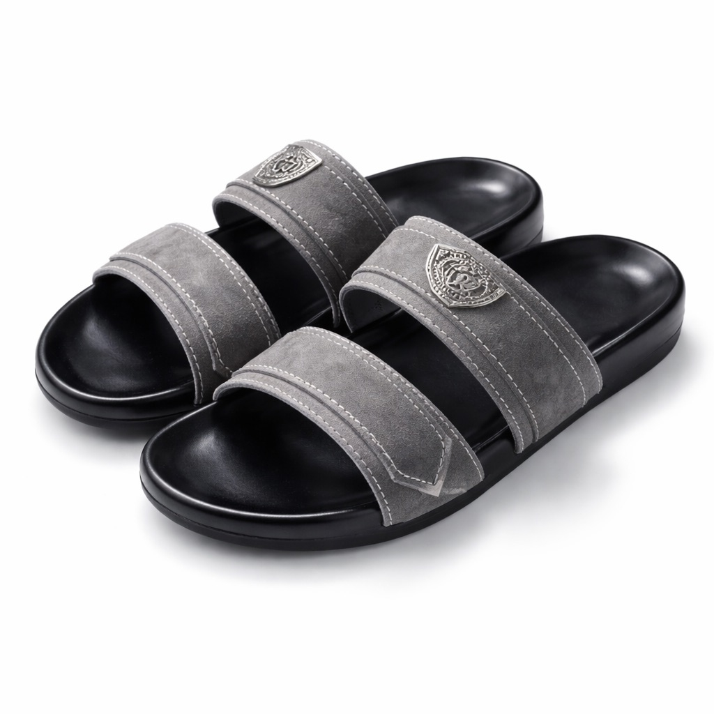 Mens  Grey Dual Strap Slide Sandal with Extended Strap and  Stitch Detail