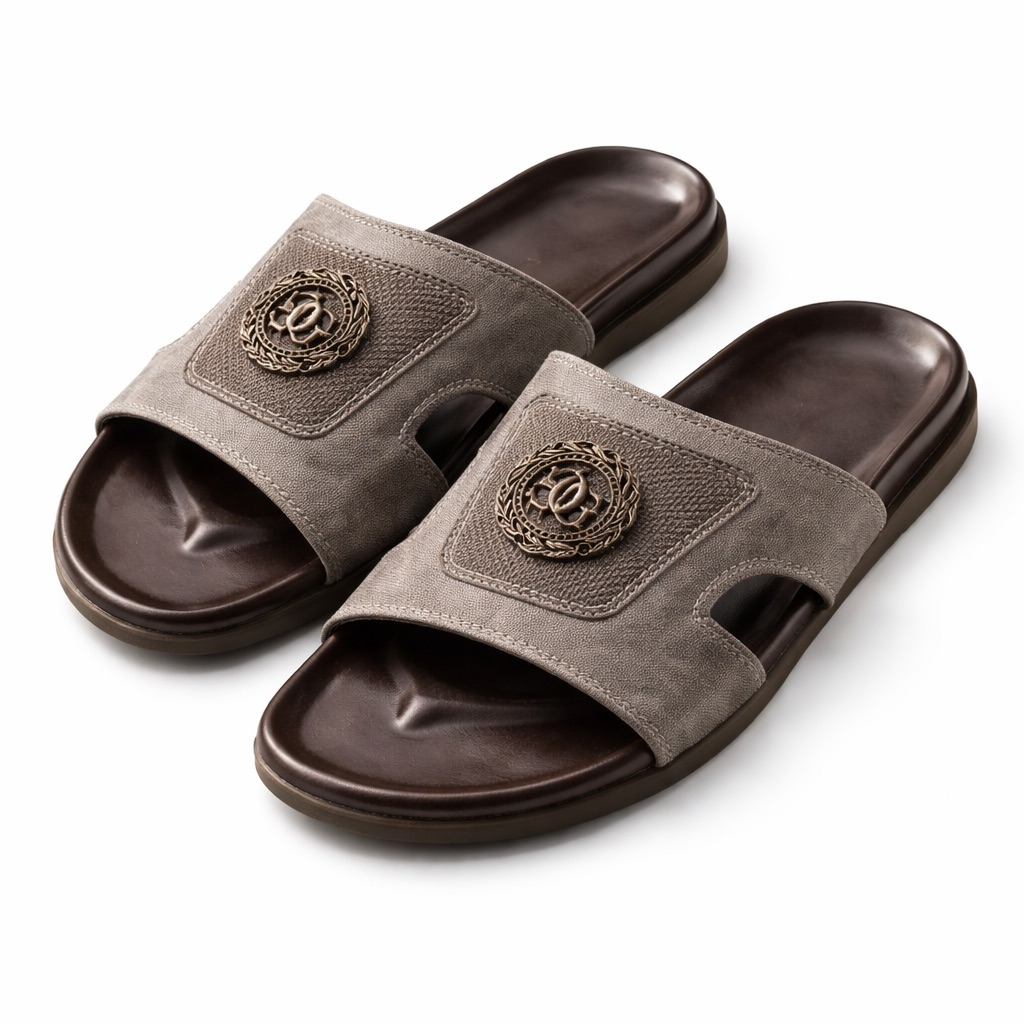 Mens Grey Textured Slide  Sandal with Embossed Crest Detail