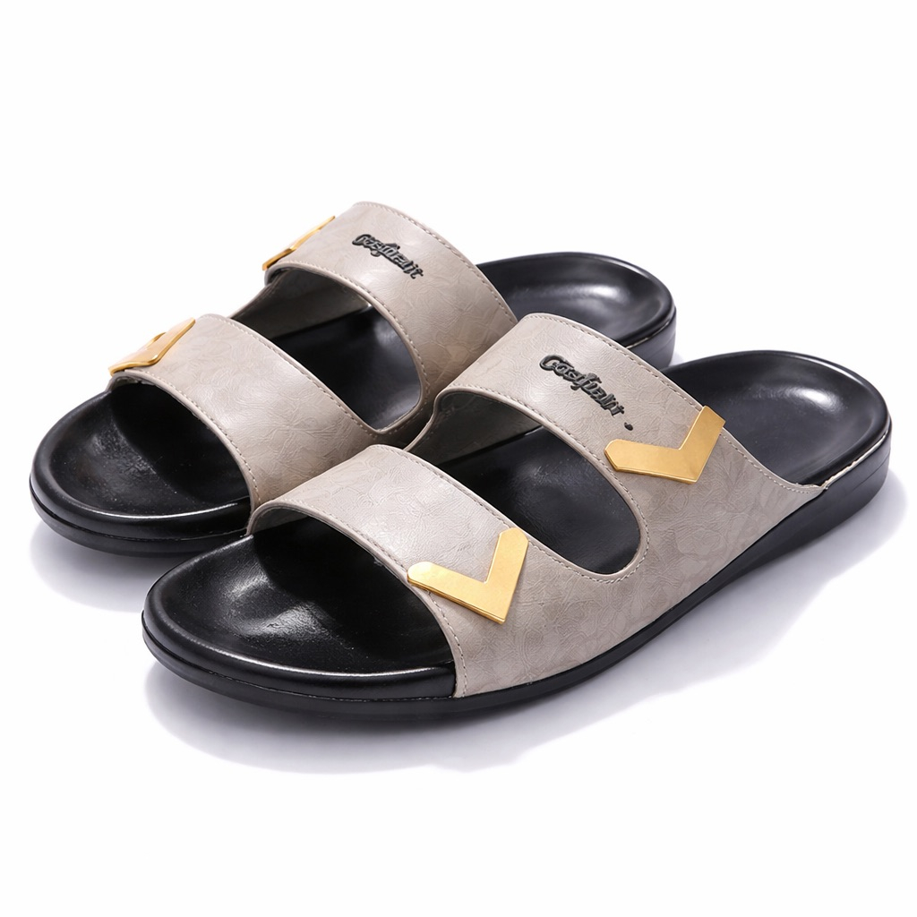 Mens Grey Dual Strap Slide Sandal  with Gold Edge Detail