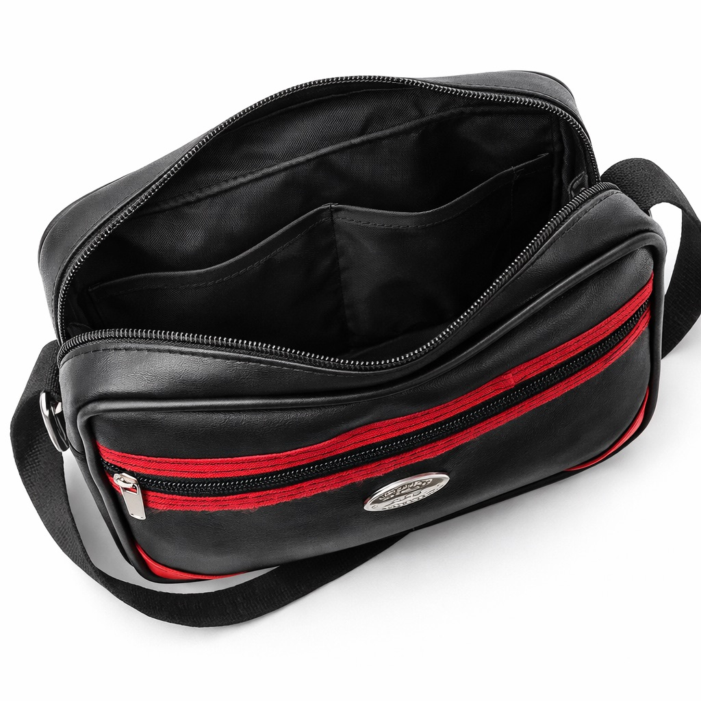 Black Compact Crossbody Bag with  Red Accent and Dual Zip Compartments