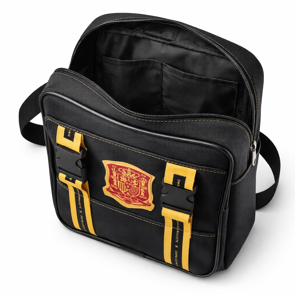 Black Utility Crossbody Bag with Crest Detail and  Dual Strap Buckle Design