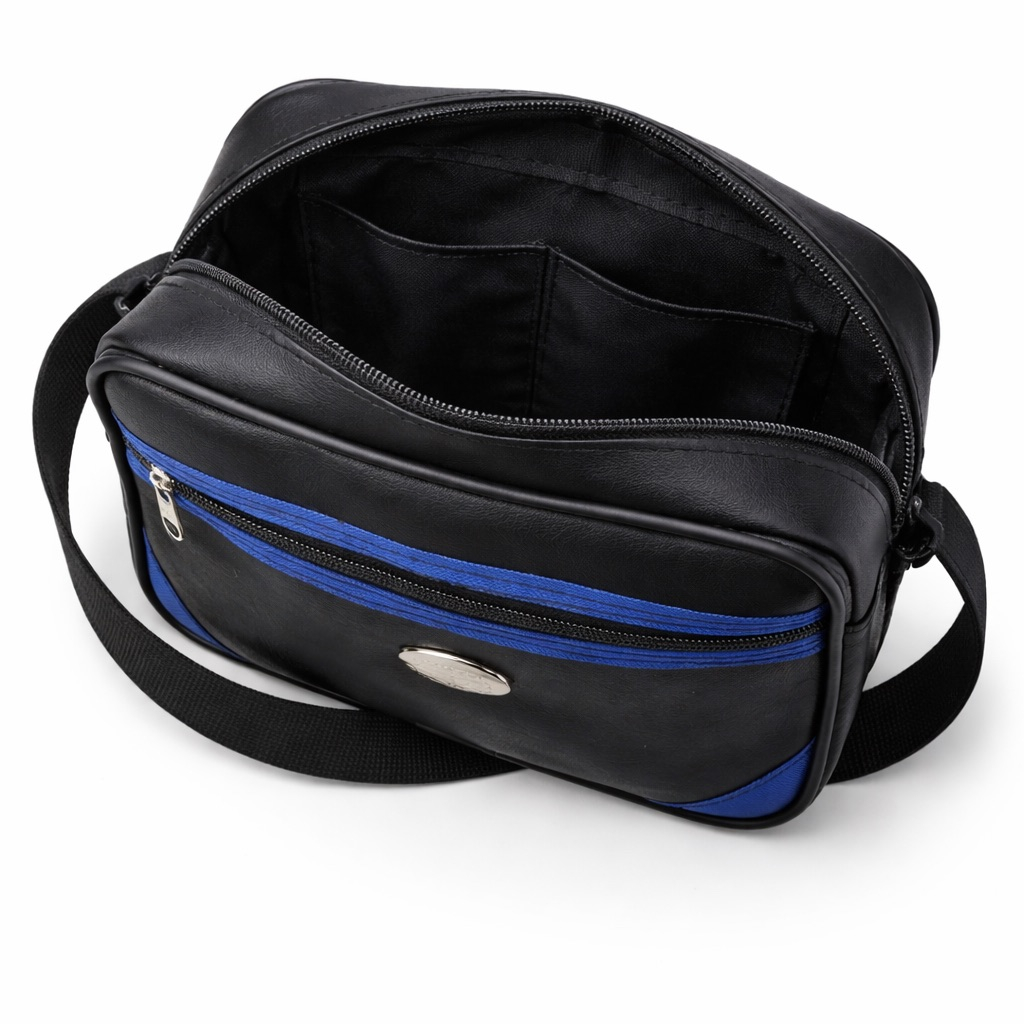 Black  Compact Crossbody  Bag with Blue Accent and Dual Zip Compartments