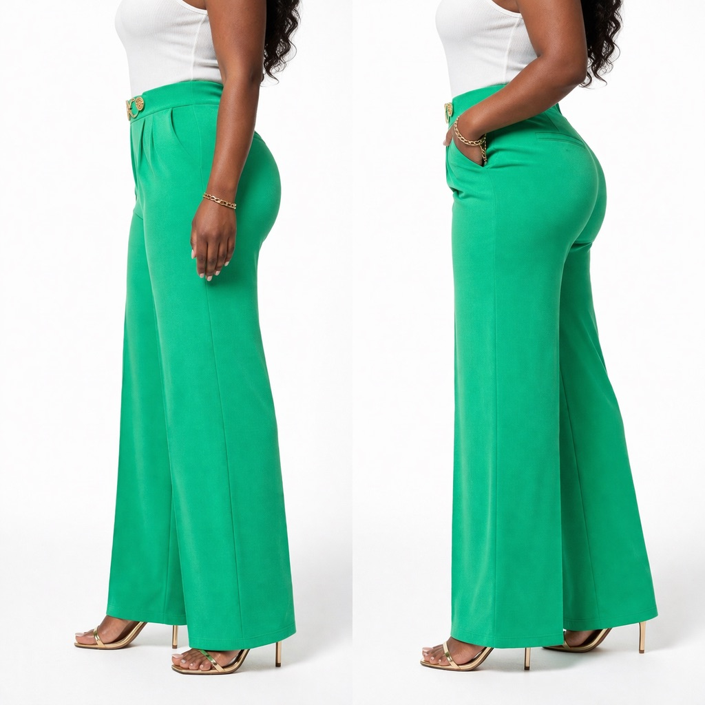 High Waist  Emerald Green  Tailored Trousers with Gold Accent Detail