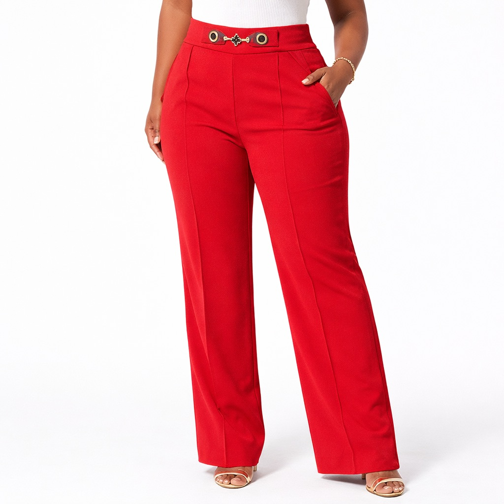 High Waist Red  Tailored Trousers with  Statement Jewel Detail