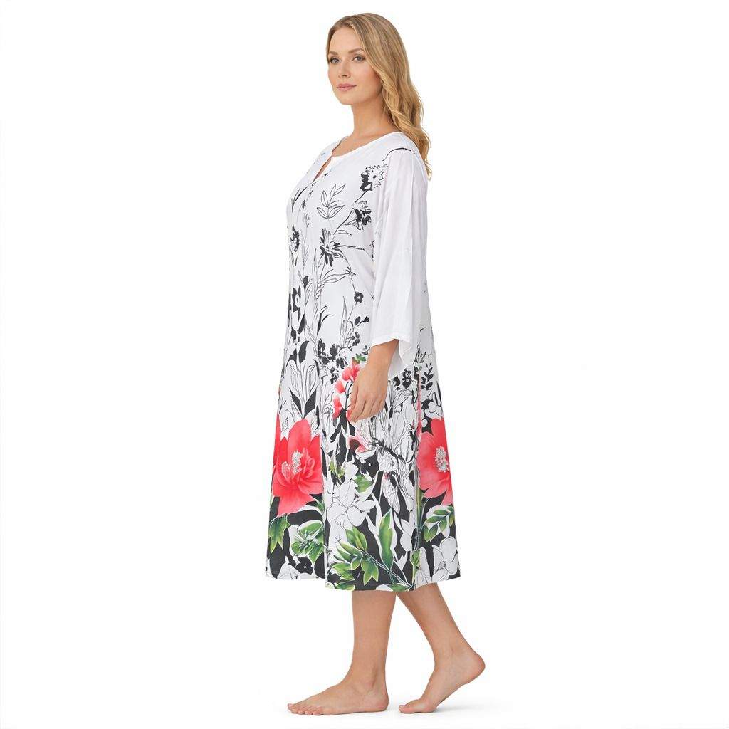 White Floral Print Midi Kaftan Dress