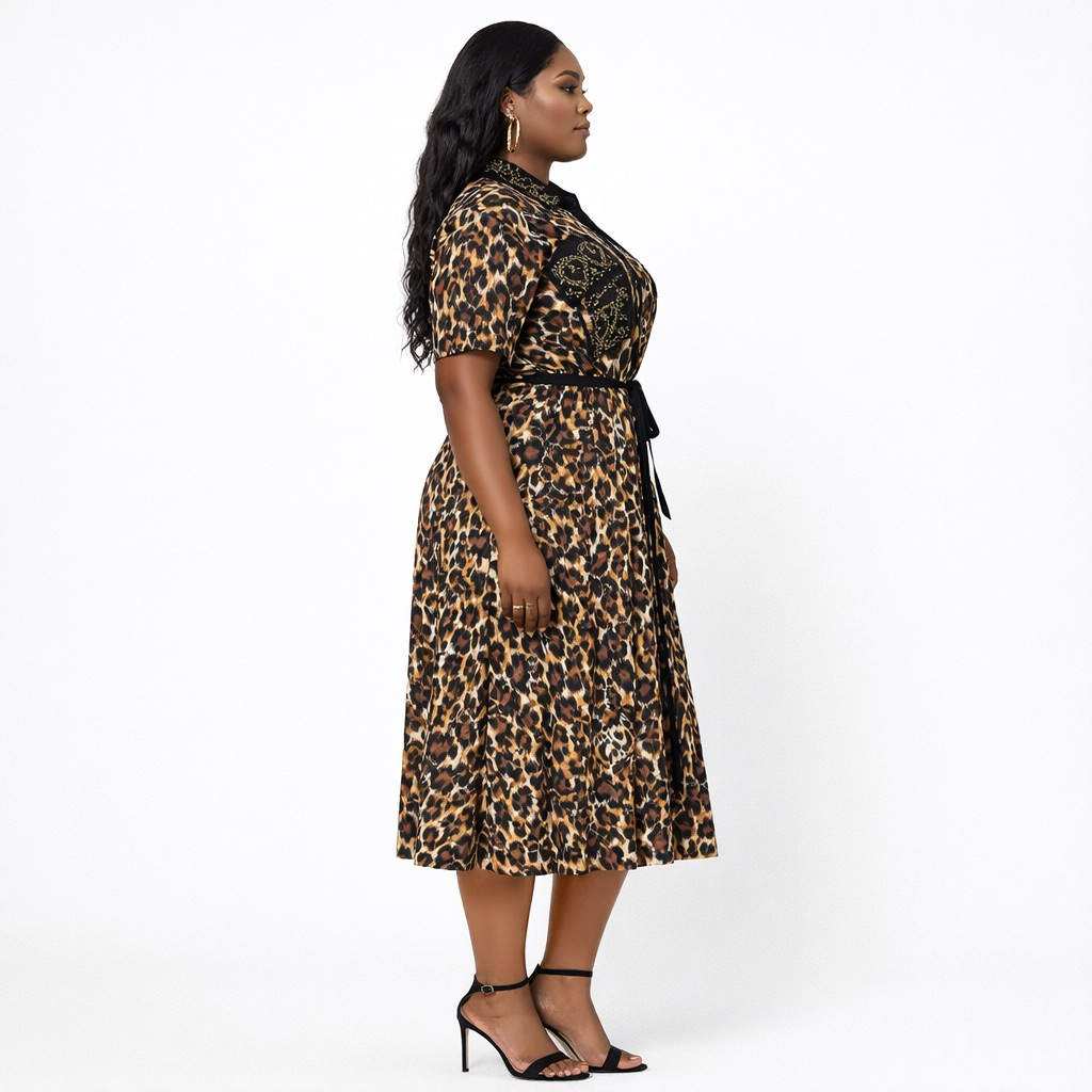 Leopard Print Shirt Dress with StudDetail and Waist Tie