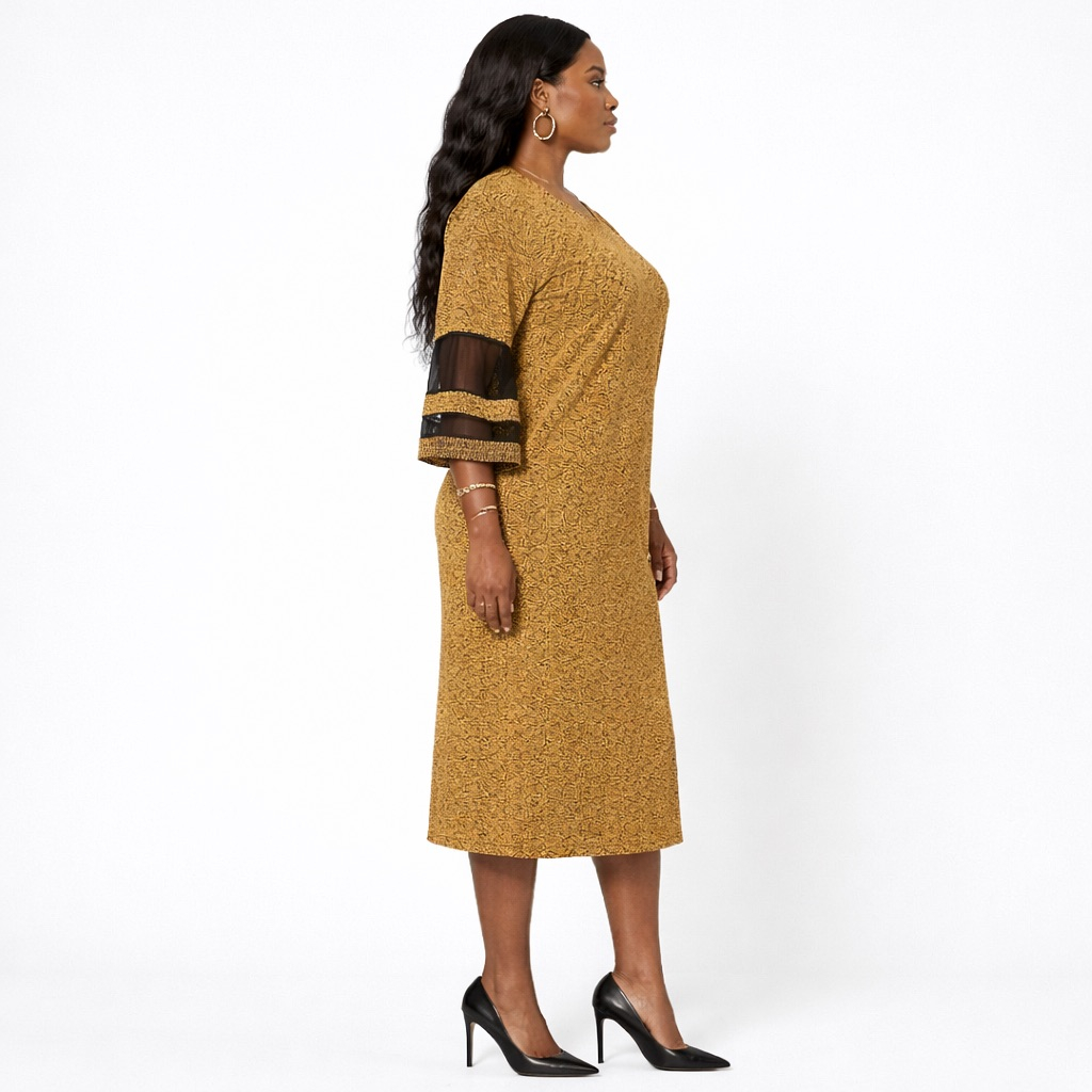 Gold Pattern Midi  Dress with Sheer  Sleeve Detail