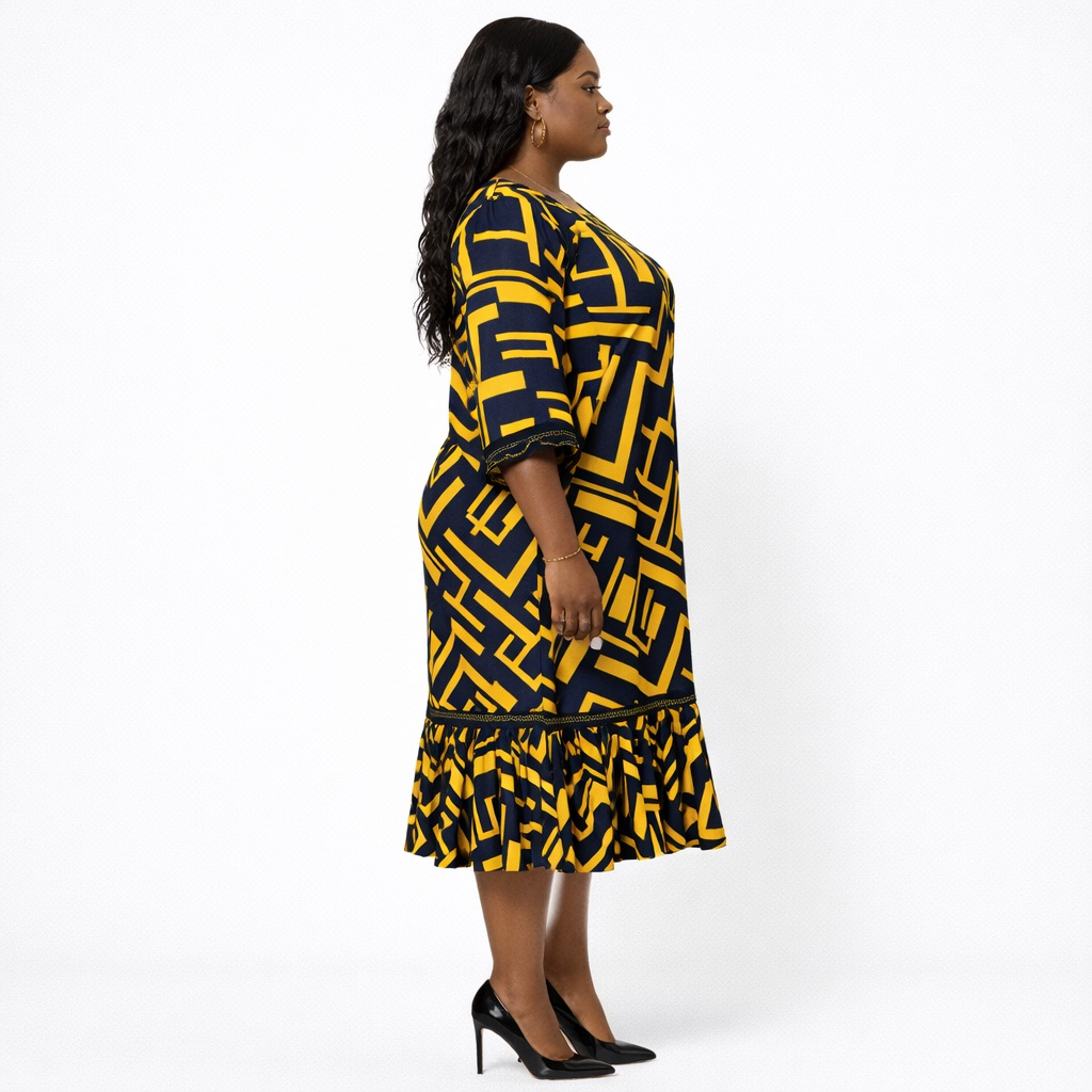 Yellow Geometric  Print Midi Dress with Ruffle  Hem Detail