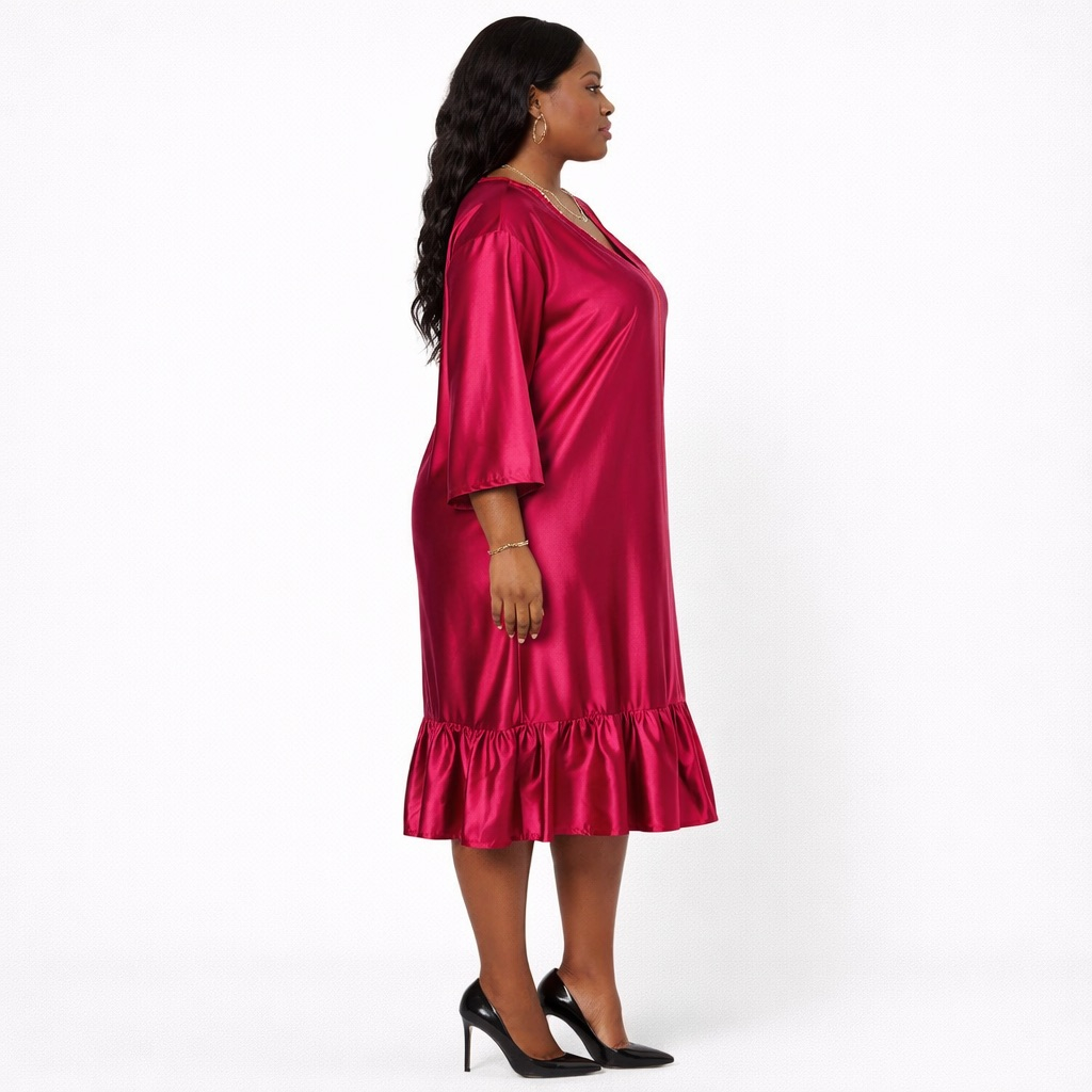 Red Satin  Midi Dress with Embellished Neckline and  Ruffle Hem