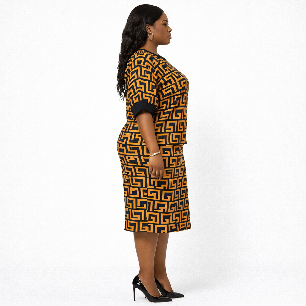 Brown Geometric  Print Two Piece Set with  Stud Detail