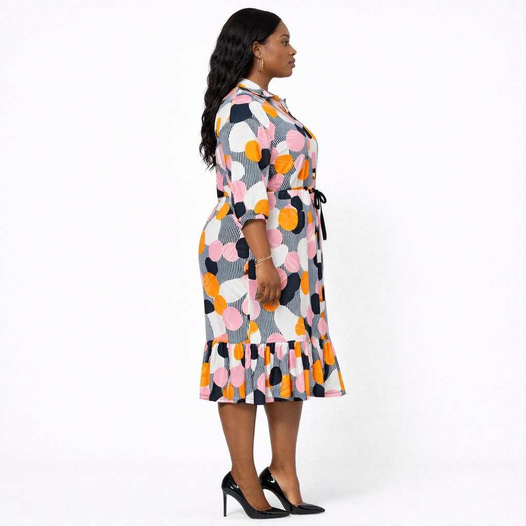 Multicolor Abstract  Print Shirt Dress with Waist Tie and Ruffle Hem
