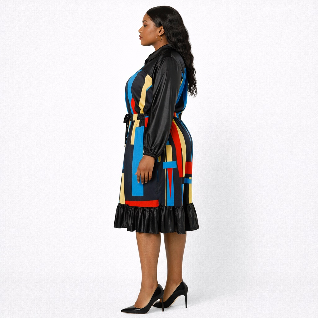 Black  Mixed Print Midi Dress with  Faux Leather  Detail and Ruffle Hem